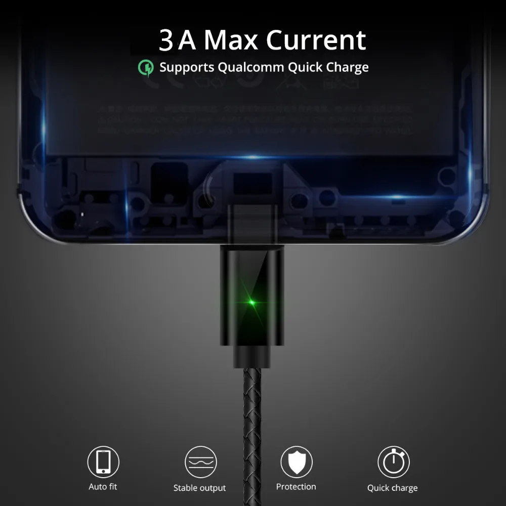 Магнитный кабель Micro USB с поддержкой быстрой зарядки 3 А для iPhone Type C 1 м магнитный