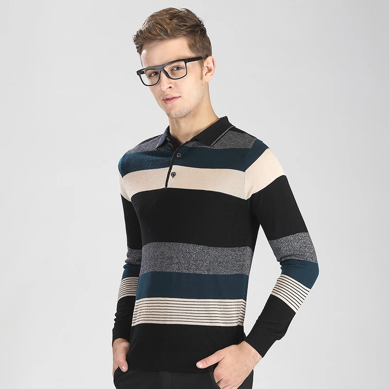 

Newest Autumn Fashion Contrast Colors Striped Buttons Turndown Collar Men Casual Knit Shirt Sweater