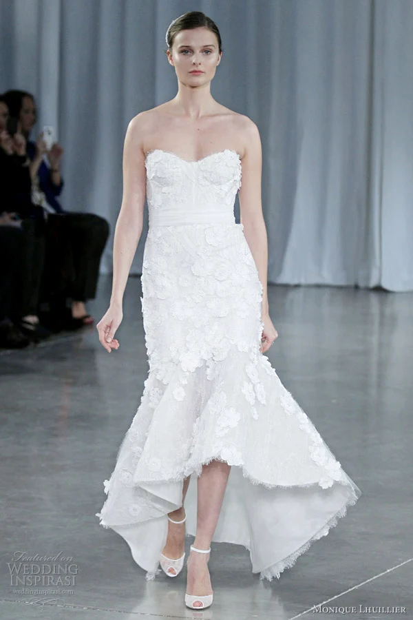 Monique Wedding Dresses 2015 New Arrival Hi lo Beach Mermaid Lace Ivory Sexy Cestido De Noiva Sweetheart Bridal Gowns|dress pattern for sale|dresses