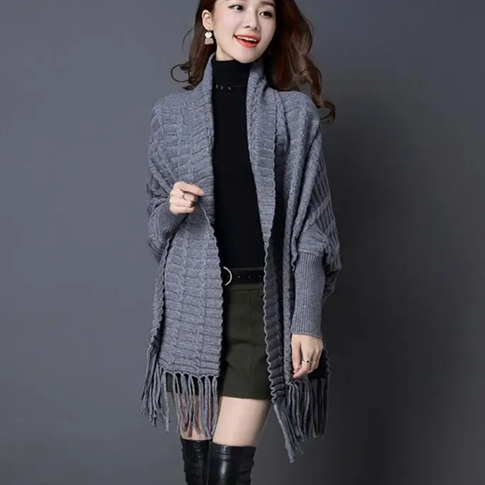 Women Sweaters And Cardigans Tassel Ponchos Capes Knit Long Bat Sleeve Colorful Shawl Female To Wear Wrap Swing Sweater |