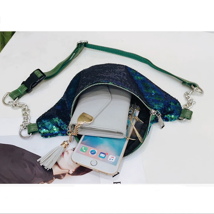 Модный поясной кошелек с блестками для женщин женская сумка на пояс цепочкой