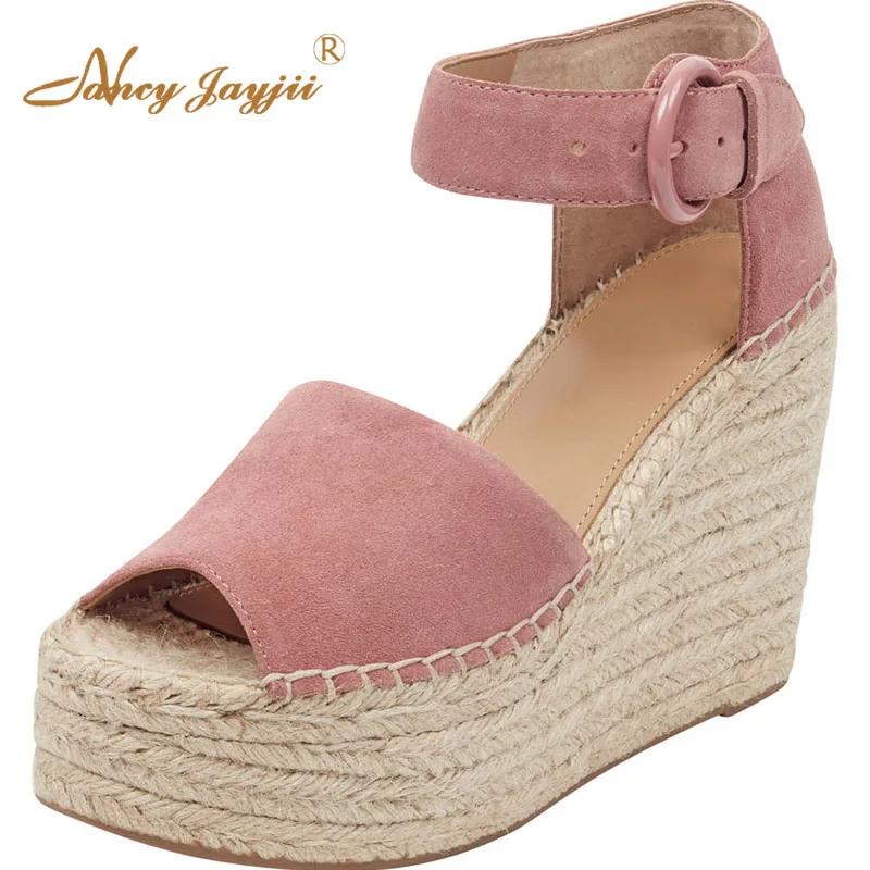 

Pink Sweet Wedges Platform Sandals Woman Espardrilles Large Size 11 15 High Heels Buckle Strap For Woman Footwear Casual Fashion