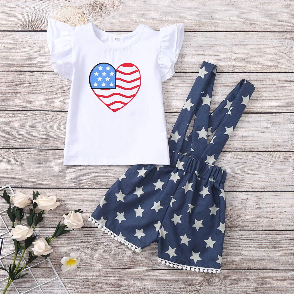 Футболка для маленьких девочек 4 июля комплект со звездами и подтяжки в полоску