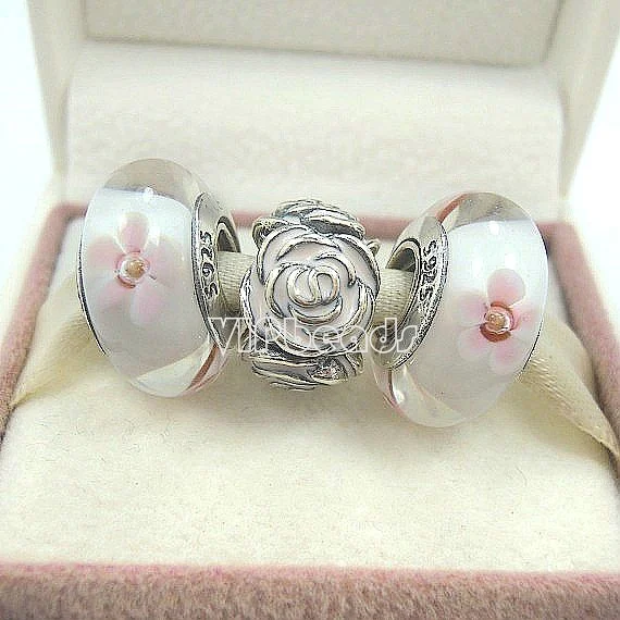 925 пробы серебряный розовый цветок розы Эмаль Бусины Cherry cherblossom Муранское Стекло