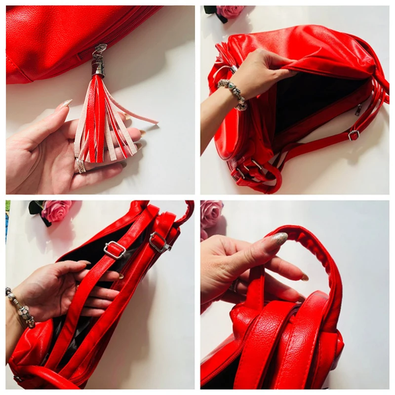 Женский кожаный рюкзак 3 в 1 сумка через плечо с кисточками красного цвета для