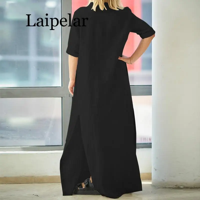 

Laipelar 2019 Summer Elegant Women Deep V Neck Casual Loose Split Hem Long Solid Party Work Cotton Linen Kaftan Dress