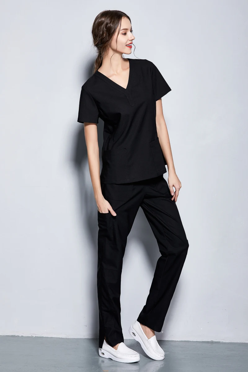 New Women's Medical Black Scrubs Ladies' Short Sleeve Scrub Uniforms Set Dental Clinic Fancy Design Surgical Clothes Slim Fit