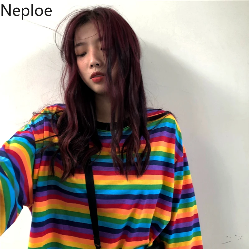 Neploe/Винтажная Футболка для женщин, радужные полосатые рубашки, Harajuku, хип-хоп, уличная, Корейская, длинный рукав, BF, Длинные футболки, топы 39856