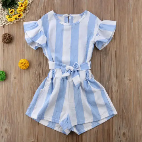 Girls Light Blue Stripe Tops T-shirt Shorts Outfits Clothes |