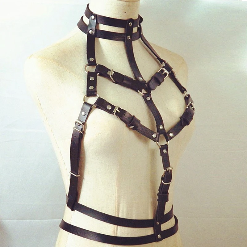 Punk Leather Tank Top Sexy Backless O Neck Hollow Out Crop Tops Handmade Metal Rivets Buckle Strap Top Rave Festival Clothing