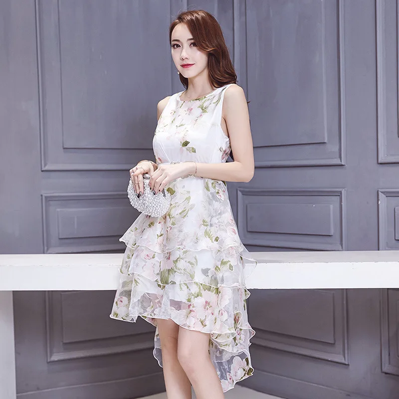 Lusumily 2019 Летнее белое женское платье с принтом каскадные оборки Элегантные