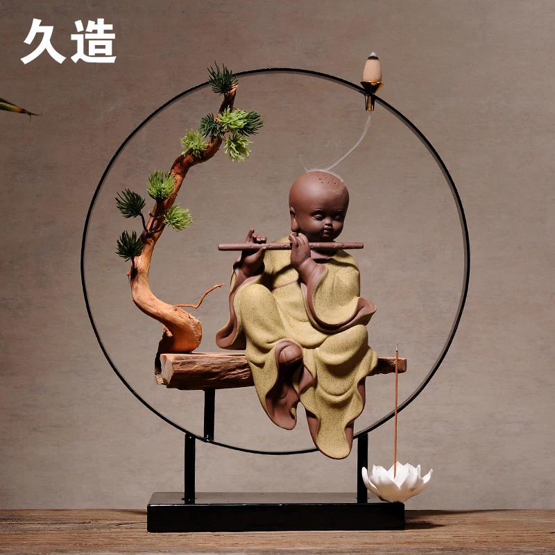 

TOP business ART# HOME Office "CHAN " Buddha high-brow sand-fired porcelain pottery censer art statue + free Incense