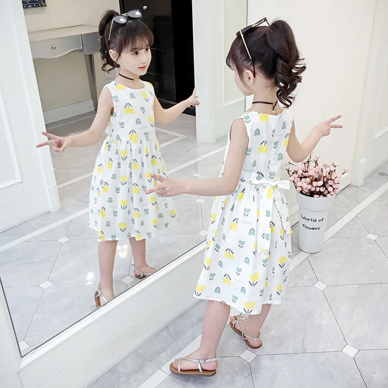 2019 летнее хлопковое платье для девочек с цветочным принтом без рукавов открытыми