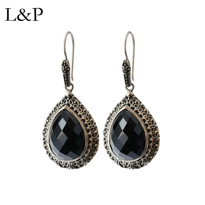 

L&P Fine Jewelry Agate Drop Earrings For Women Real 925 Silver Retro Handmade Pierced Dangle Earrings Brincos For Anniversary