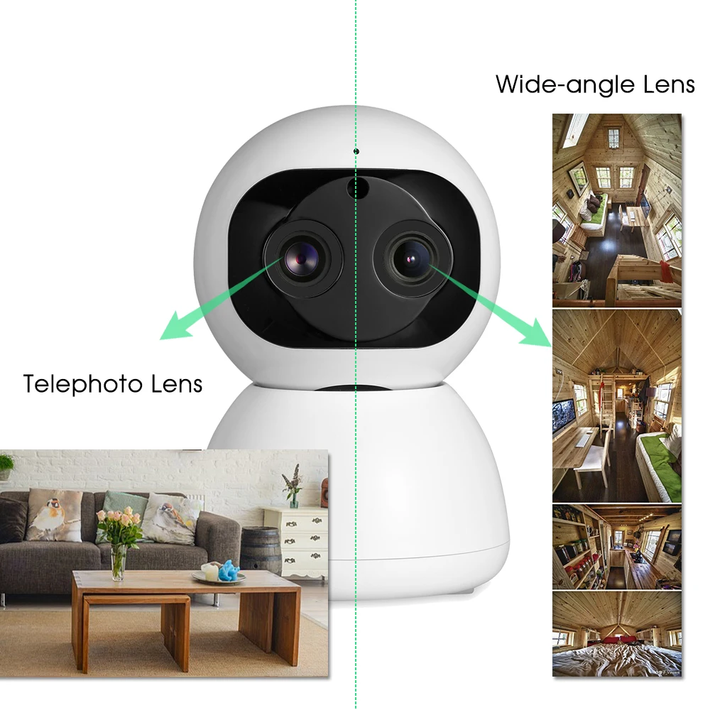 Умная wifi ip-камера 1080P с двойным объективом Телефото и широкоугольная панорамная камера с управлением через приложение для пожилых детей, домашних животных, камера безопасности