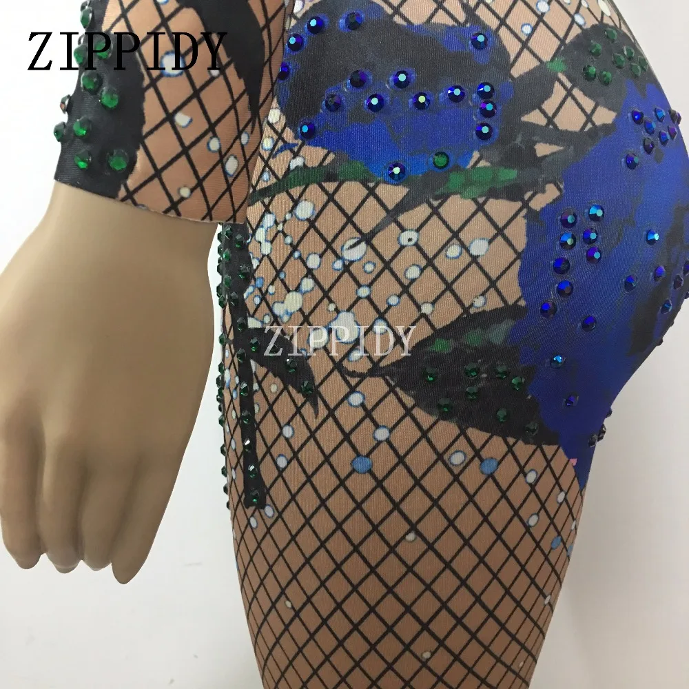 Fashion Blue Rose Flower Printed Colorful Rhinestones Bodysuit Performance Party Birthday Celebrate Shining Costume Dance Wear | Женская