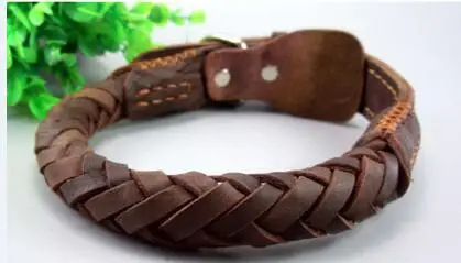 dark brown Кожаные ошейники для собак, большие собаки, плетеные, ручная работа, основные ошейники, прочные, прочные, аксессуары для домашних животных, золотистый ретривер, Хаски, животные - Цвет: dark brown