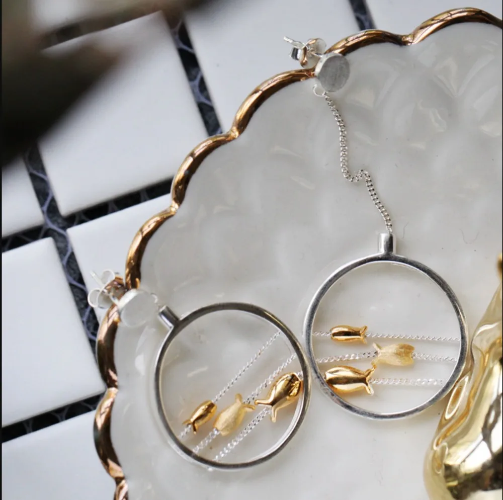 S925 Pure Silver Jewelry Handmade Female Style Sweet Super Fairy Exaggerated Small Fish Ear Pendant Personality Fashion No | Украшения и