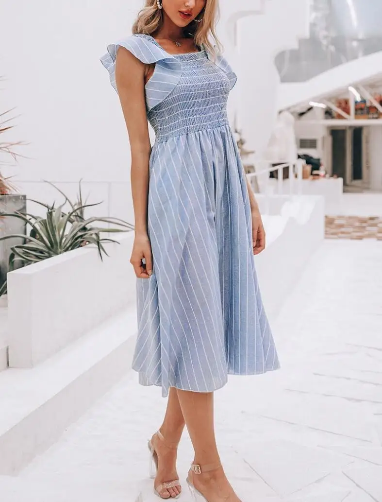 Vintage striped women long dress Ruffle linen blue elegant summer 2019 Casual cotton fashion female beach vestidos | Женская одежда
