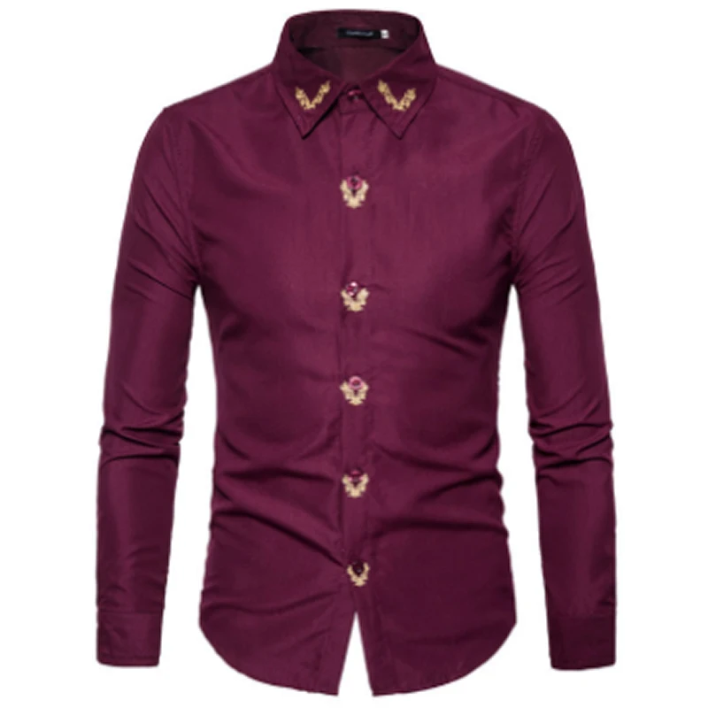 2018 Модные мужские рубашка с длинными рукавами Топы вышитые Повседневное Высокое