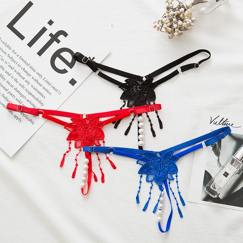 Сексуальные стринги женское нижнее белье трусики с жемчужинами вышивка открытая