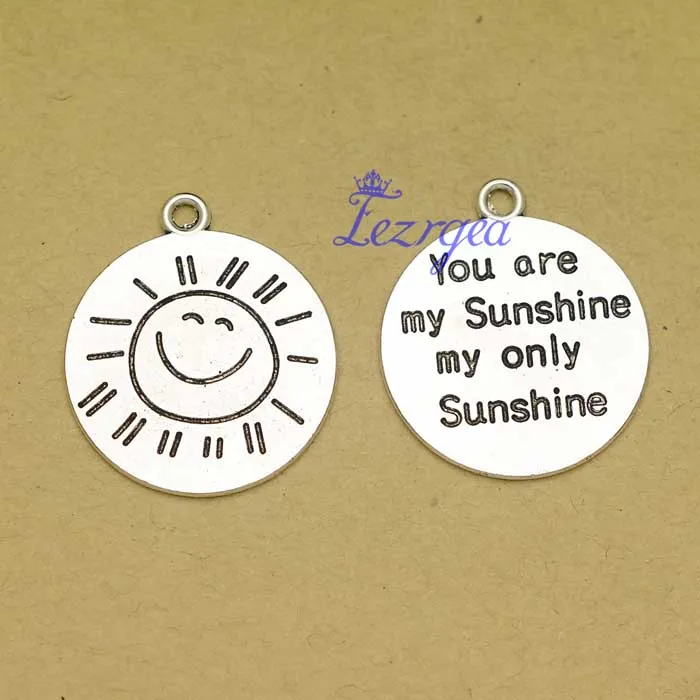 

20pcs/lot--28X24mm, Antique Silver plated Round Message "You Are My Sunshine My Only Sunshine"Carved Charms, jewelry making