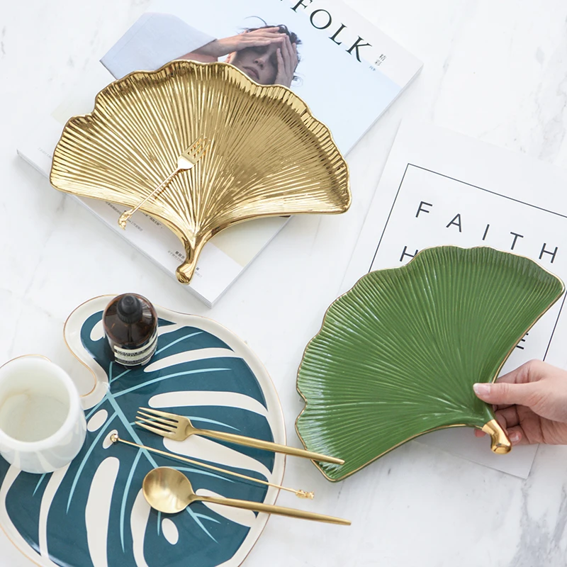 Тарелки Ginkgo biloba, коробка для хранения ювелирных изделий, декоративный поднос, тарелки для еды, для ужина, креативный дизайн, Золотая инкрустация, лист