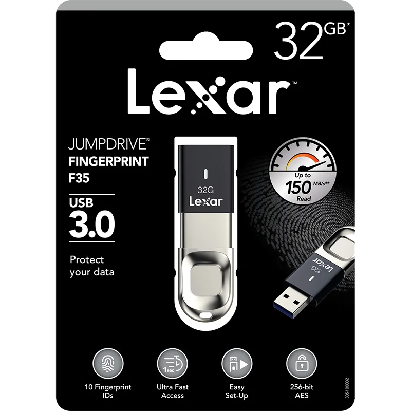 Lexar 32 ГБ, 64 ГБ, 128 г USB3.0 U диск F35 Скорость чтения 150 МБ/с. металл отпечатков пальцев шифрование U диск защиты конфиденциальности и безопасности