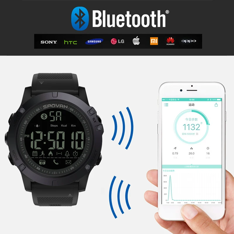 Мужские спортивные часы Bluetooth трекер активности водонепроницаемые цифровые