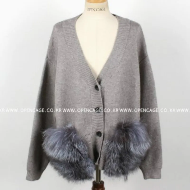 Elegant Autumn Winter Women's Faux Fur Double Pockets V-neck Knitted Cardigan Single-breasted Sweater Coat Long Sleeve OL Tops |