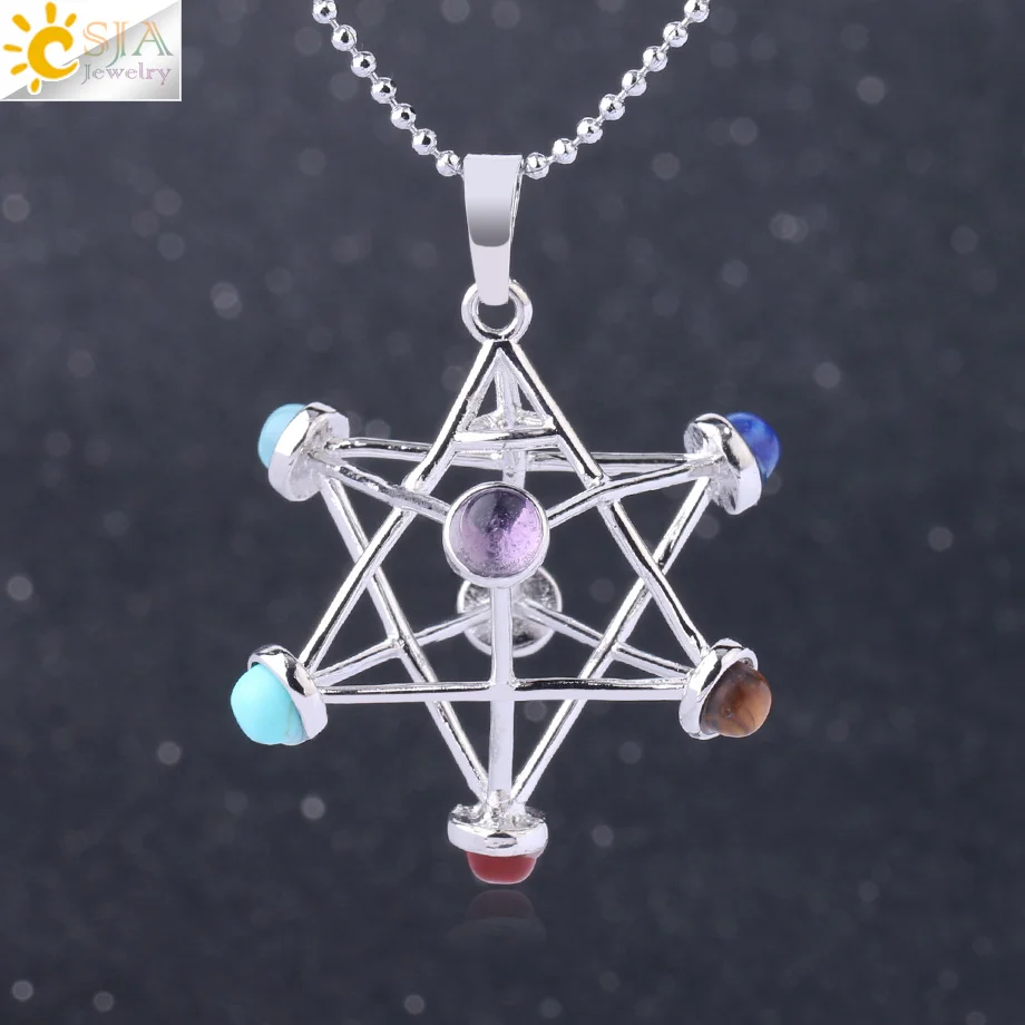 CSJA Merkaba Chakras подвески из натурального камня рейки 7 Ожерелье «чакра» Исцеление полые звезда точка женщины мужчины ожерелье маятник F766