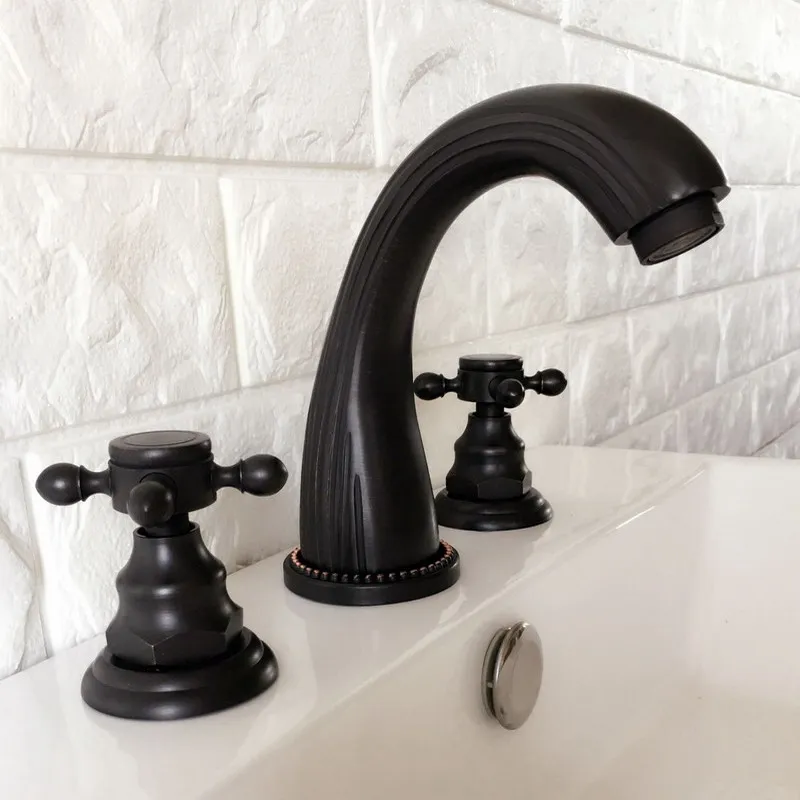 

Black Oil Rubbed Brass Widespread Dual Handle Bathroom Washing Basin Mixer Taps Deck Mounted 3 Holes Lavatory Sink Faucet ahg061