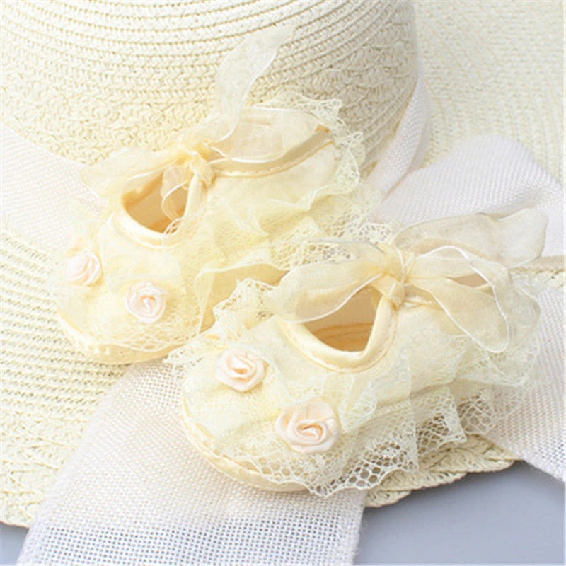

New Infant Newborn Baby Girl Princess Prewalker Shoes Party Floral Lace Riband Shoes Non-Slip Flower Shoes Bebe Girl Cute Shoes