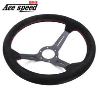 13 5 inch steering wheel black suede leather and iron frame red stitching deep 90mm racing game steering wheel with horn button