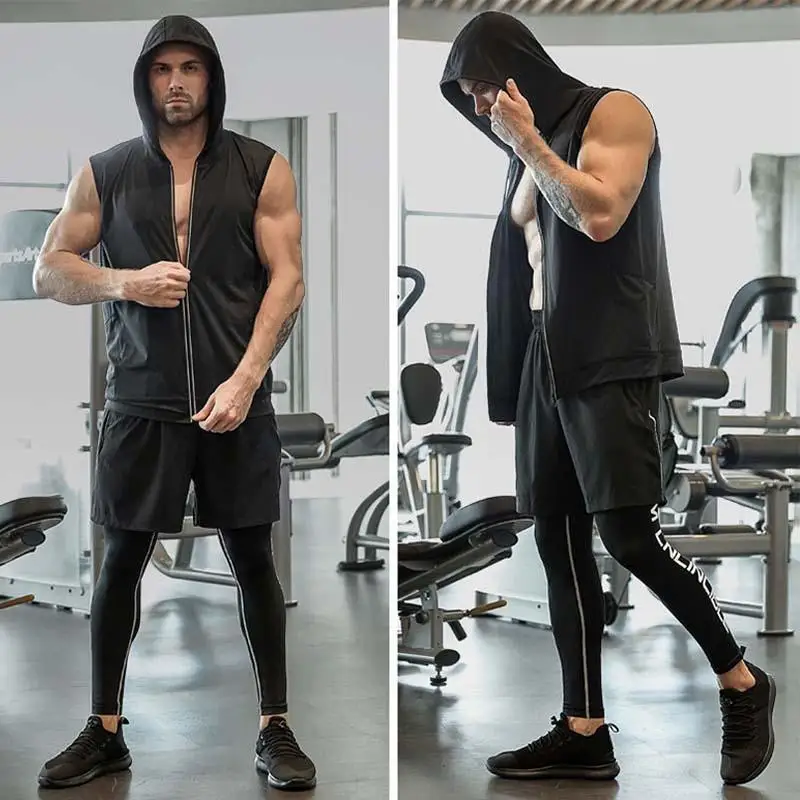 Летние мужские спортивные куртки без рукавов для фитнеса жилеты толстовки