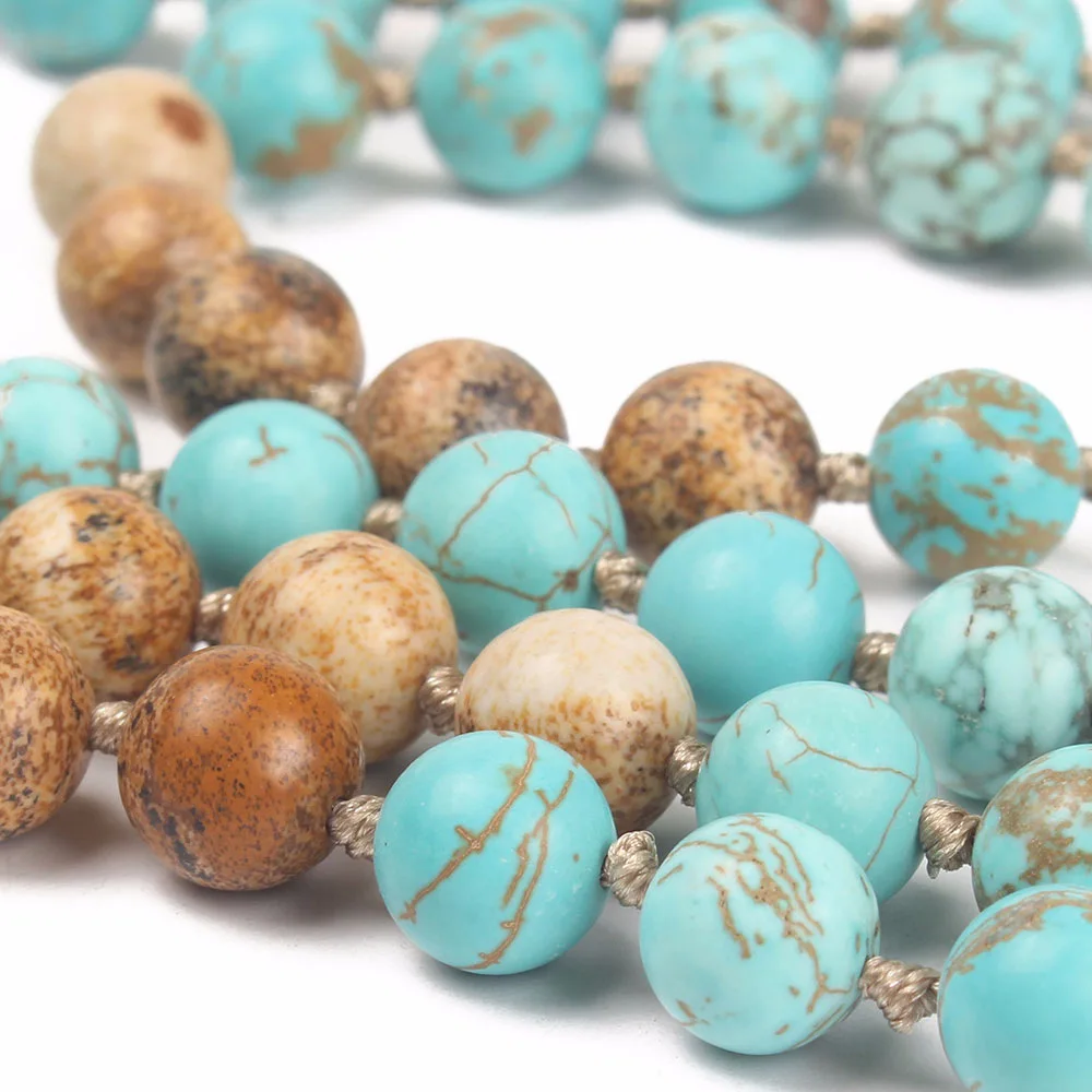 New Design 8mm Picture Stone and Blue-green Pine Beads Hand Knotted 108 Mala Long Necklace Women Tassel Dropship | Украшения и