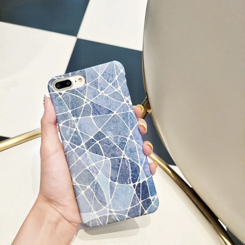 Luxury Marble Blue Geometric line Slim PC Hard phone Cases For iphone 8 case back covers for 6 6s 7 plus Fundas coque | Мобильные