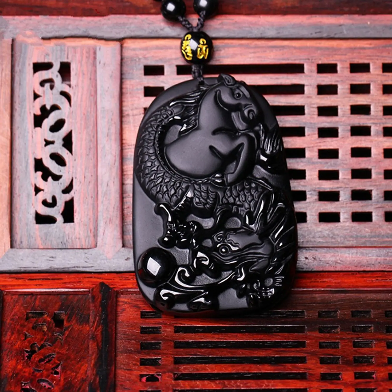 Koraba Fine Jewelry ручной резной Obsidian Lucky богатых Дракон Лошадь Подвеска Цепочки и