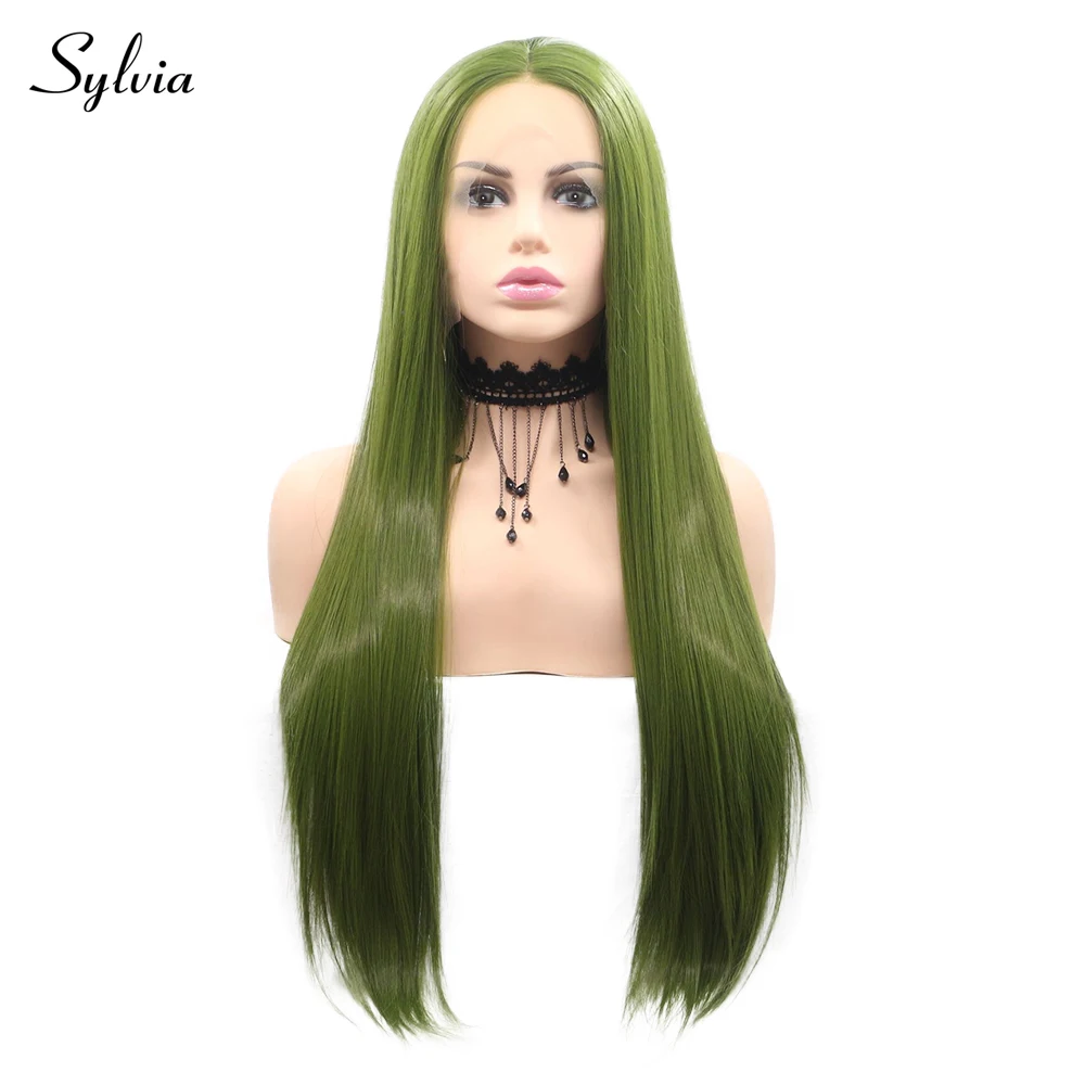 

Sylvia Olive Green Silky Straight Synthetic Lace Front Wigs Middle Parting 180% Density Half Hand Tied Heat Resistant Fiber Hair