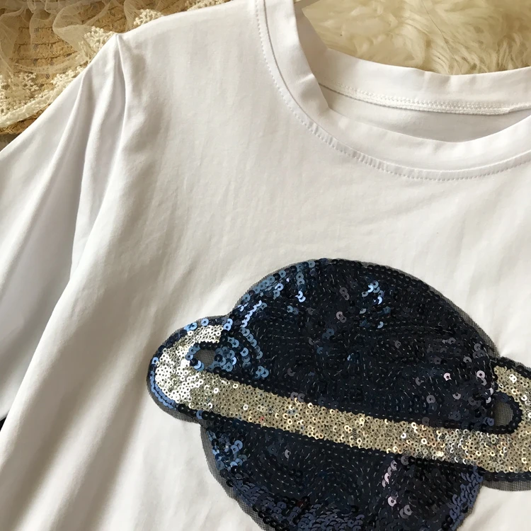 Женская футболка с блестками ALPHALMODA черно-белая хлопковая коротким рукавом