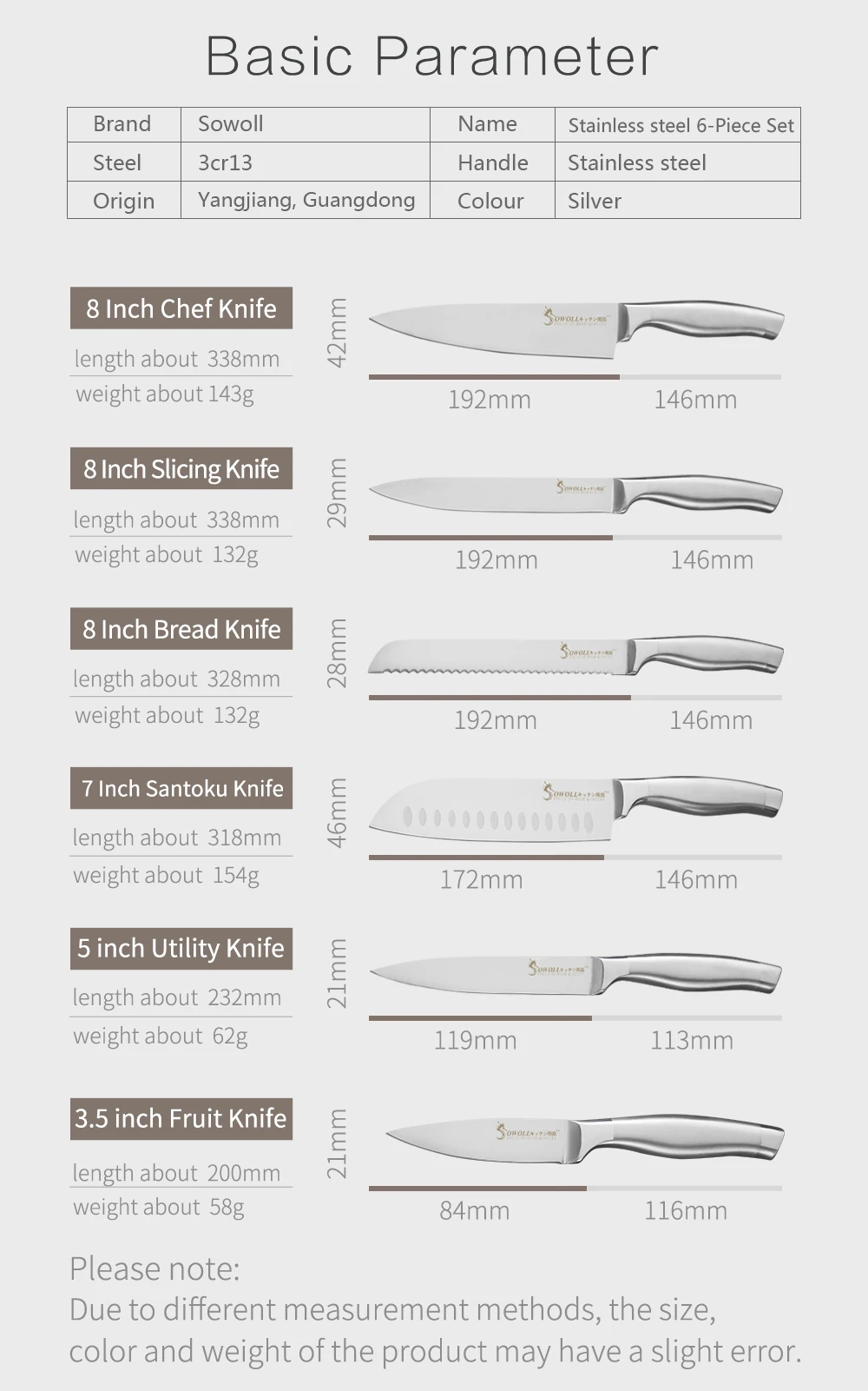 SOWOLL набор кухонных ножей 6 шт. набор фруктовых ножей Santoku для нарезки хлеба ножи шеф-повара острый нож из нержавеющей стали инструменты для приготовления пищи