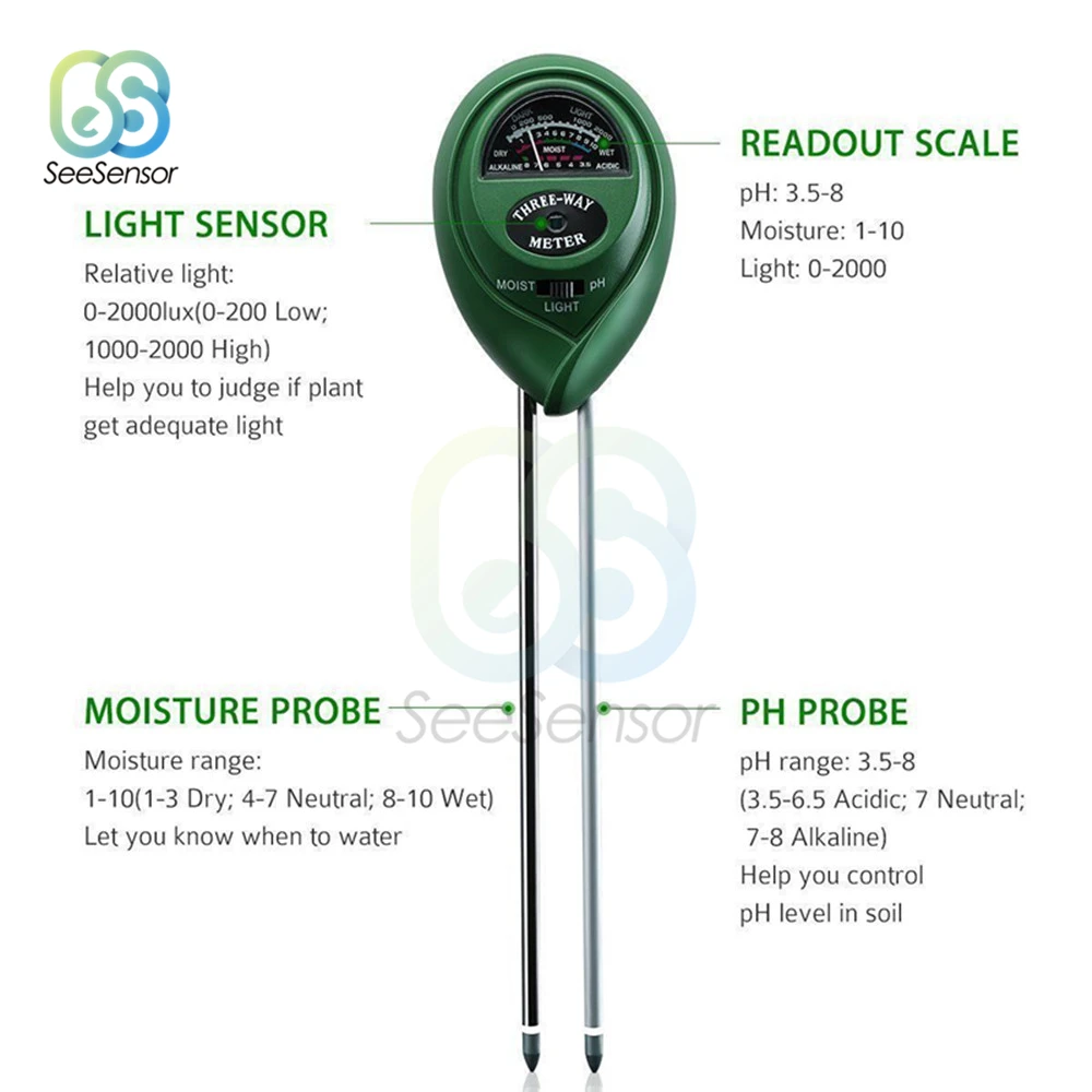 Измеритель влажности почвы освещенности PH-метр тестер для растений цветов