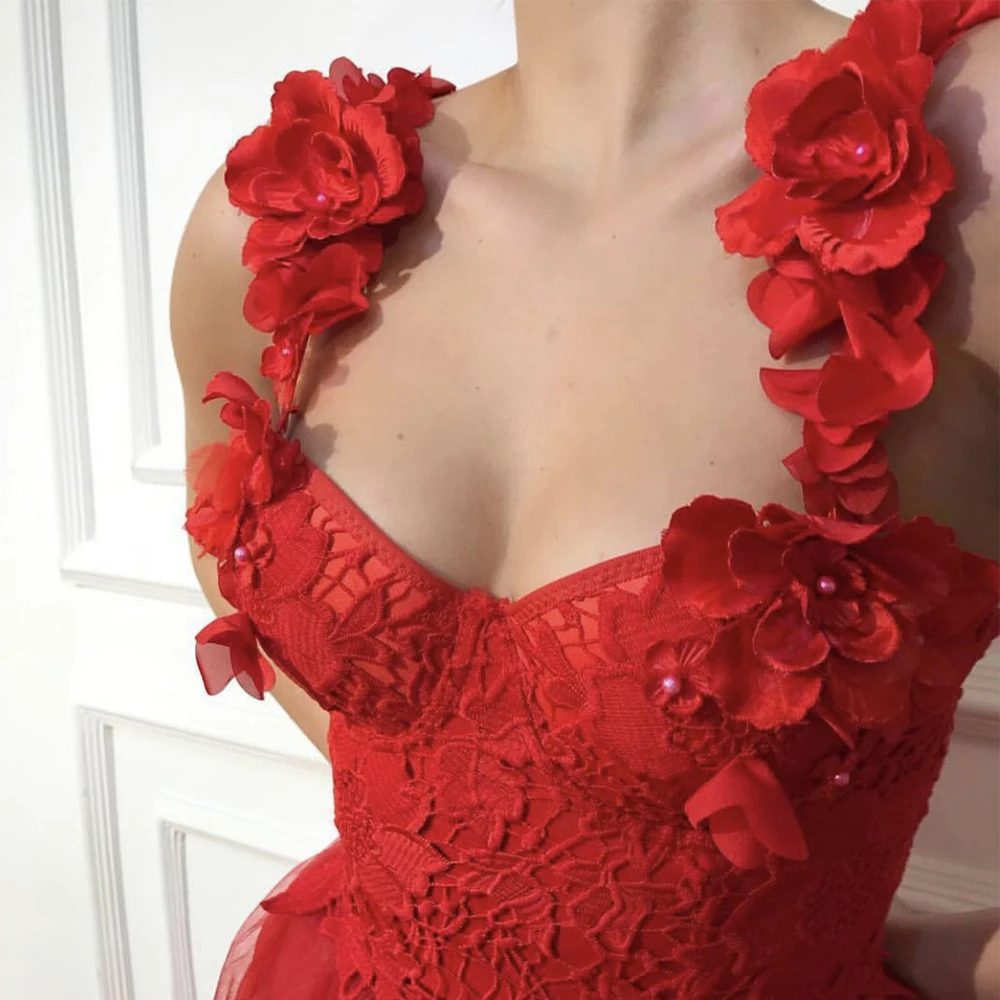 Стильные красные вечерние платья с бретелями vestidos de noche А силуэта кружевные