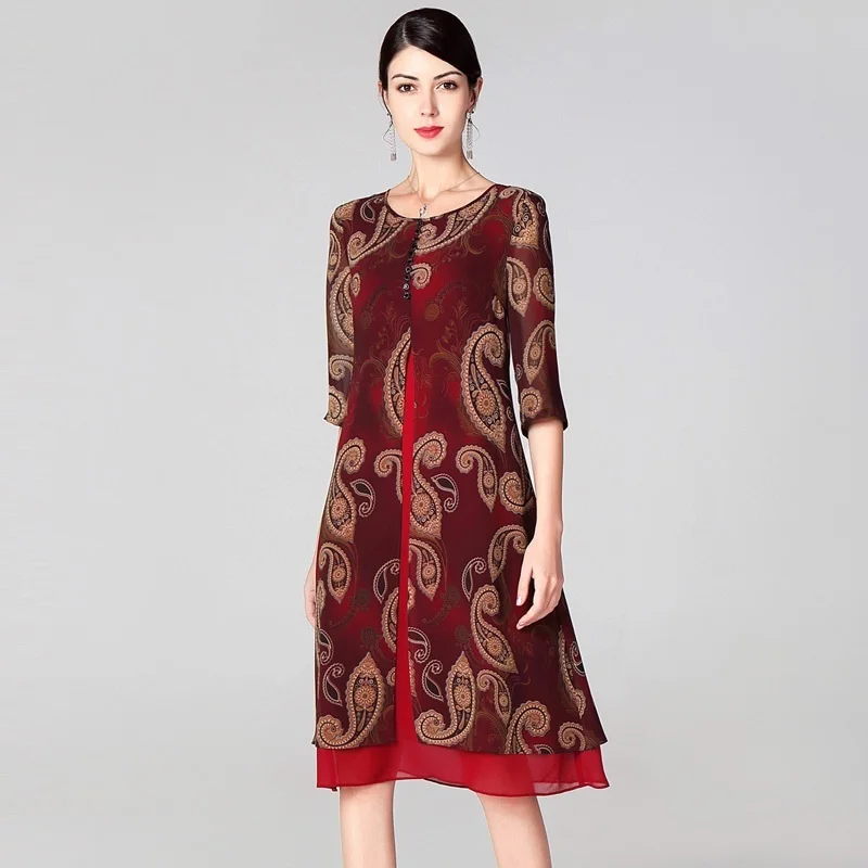 

One Piece Dress 2019 Spring Summer Fashion Plus Size Dresses Women Beading Button Vintage Print Midi Party Green Red Dress XXXXL