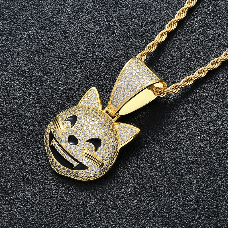 Bling Cute Smile Expression Kitty Animal Pendant Necklace Cubic Zirconia Hip Hop Iced Out Jewelry | Украшения и аксессуары