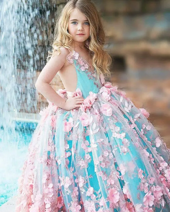 2018 Pink Arabic Princess Flower Girl Dresses for Wedding Ball Gown 3D Floral Flowers Lace Communion Dress | Детская одежда и