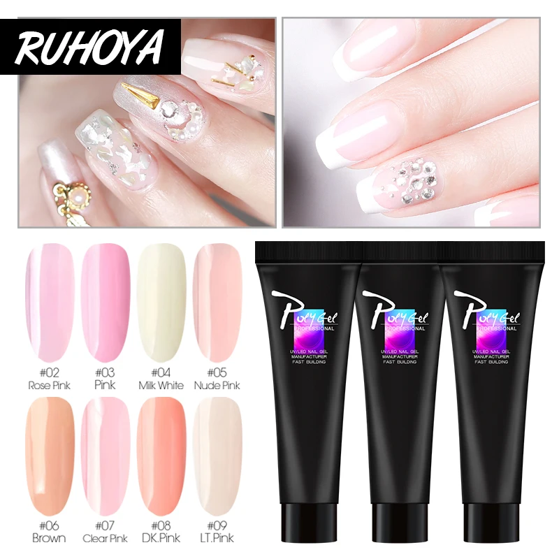Быстросохнущий полигель Ruhoya для наращивания ногтей прозрачный розовый гель УФ
