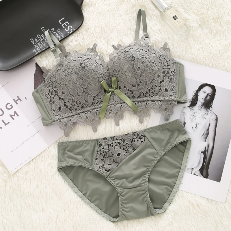 

Women Cotton Deep V Push Up Bra Brief Sets 3/4 Cup Lace Lingerie Bras Set Wire Free Thin Brassiere Set T