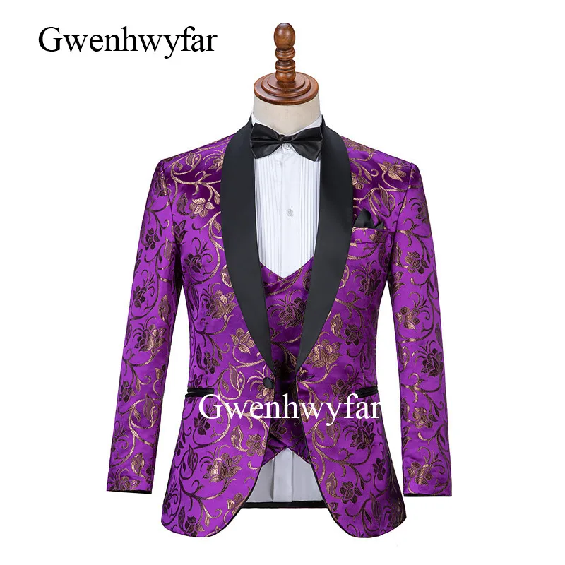 Gwenhwyfar 2019 шаль в продвинутом стиле Черные смокинги для жениха с отворотом золотые