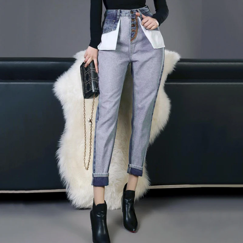 NLW NEW Women Casual High Waist Jeans Casual High Street Jeans Female Stylish Spliced Fake Pocket Long Pants Capris